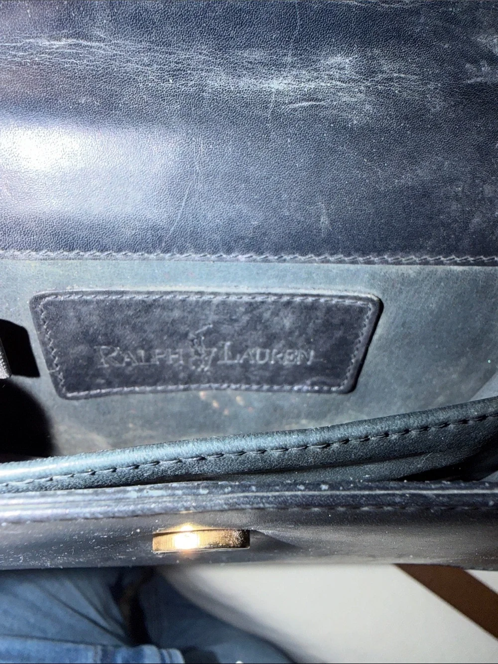 VTG Ralph Lauren Classic Black Leather clutch with Gold Medallion Accent